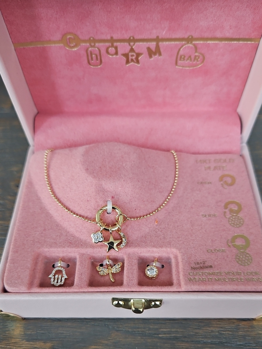 Charm Pendant Necklace with Star & Flower Accents - Pink Gold